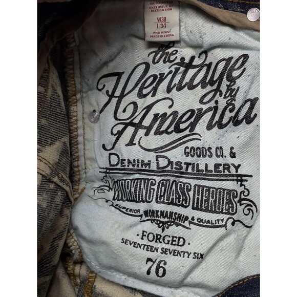 The Hertage By America Men's W38 L34 Patched Distressed Skinny Jeans Acid Wash - Picture 15 of 17